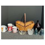 Red blown glass bud vase, collector basket, vintage Holly Hobbie milk glass mug, and more. See pictures for details.