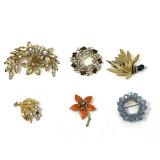 Assorted Rhinestone and Enamel Costume Brooches, Set of 6