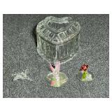 Glass heart shaped candy dish with lid, also includes glass miniature figurines. See pictures for details.