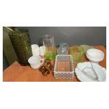 Assorted home decor to include a miniature blown glass crackle jug, milk glass jars, mid-century modern avocado green glass vase with a textured, embossed bubble grape cluster and leaf pattern, and mo