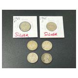 Lot of Six WWII Era US Silver Jefferson Nickels (1942-1945)