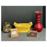 Ceramic planter, heart shaped music box, carved wooden tea box, tea light candle burner, and more. See pictures for details.