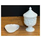 Milk glass strawberry dish, also includes a milk glass pedestal compote, see pictures for details.