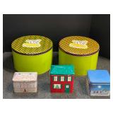 Assorted Decorative Metal Tins Including Moose Munch Snack Tins and Holiday House Tins - 5 pieces