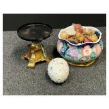 Decorative Futz & Floyd bowl filled with potpourri, pillar candle stand, and egg ornament. See pictures for details. ￼
