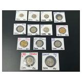 Assorted United States Coins in Cardboard Holders Including Roosevelt Dimes, Washington Quarters, Sacagawea Dollars, and Kennedy Half Dollars