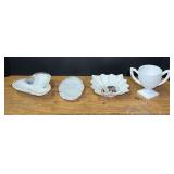 Assortment of decor to include antique/vintage milk glass vanity dresser tray, vintage Gladstone bone China trinket dish, double eared milk glass sugar dish, and more. Four pieces total, see pictures 