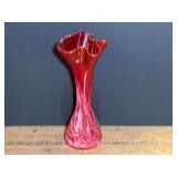 Vintage blown art/swung glass vase with a red and white swung or swirled pattern with a ruffled, flared rim. See pictures for details.