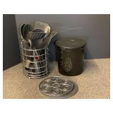Kitchen Utensil Set with Wire Holder, Ceramic Crock, and Trivet, see pictures for details.