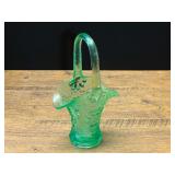 Green Vaseline Uranium Glass Grape and Vine Pattern Basket