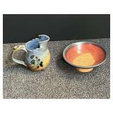 Artisan pottery creamer, and ceramic footed bowl. See pictures for details.