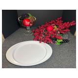 Assorted home decor to include a pedestal compote, faux fruit, plastic platters, and more. See pictures for details.