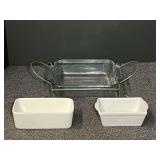 Vintage Anchor glass bakeware with stand, also includes two enamel coated ceramic miniature loaf pans. See pictures for details.