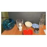 Assorted home decor to include a fish bowl vase, believed to be Blenko glass, miniature milk glass vase, hobnail glass storage jar, strawberry dish, and more. See pictures for details.