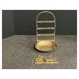 Brass earring/necklace holder, also includes a brass key hook wall decor. See pictures for details.