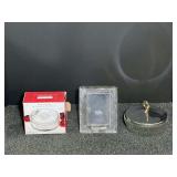 Glass powder jar, Mikasa picture frame, and Studio Crystal round trinket box. See pictures for details.