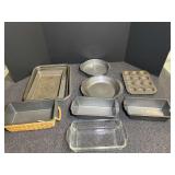Assorted Bakeware Collection Including Metal Pans and Glass Dish