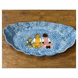 Laurie Gates Los Angeles Pottery Blue Sponge Ware Ceramic Dish with Painted Dolls