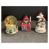 Christmas Holiday Decor Lot with Snow Globe, Ceramic House, and Figurine