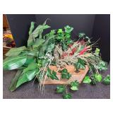Faux plant dish garden arrangement inside a rustic wooden basket container. See pictures for details.