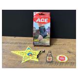 Assorted Lot Including ACE Brand Ankle Brace, Lone Star Patches, and Star Ornament
