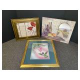 Art prints/wall decor, includes framed, matted, and signed art print by artist Crystal Skelley featuring a hummingbird and pink fuchsia flowers. Three pieces total, see pictures for details.
