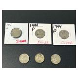 Six WWII Era Silver Jefferson Nickels Assorted Dates and Mints