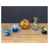 Collection of Five Art Glass Paperweights Including Pineapple Design