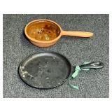 Molded mini terra-cotta skillet with glazed interior, also includes a round miniature cast-iron griddle, see pictures for details.