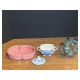 Assorted home decor to include a vintage/antique Johnson Brothers blue and white sugar bowl, handblown glass infinity knot sculpture, and vintage console bowl/planter, believed to be vintage McCoy pot