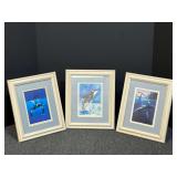 Framed and matted whale art prints, set of three, see pictures for details.