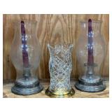 Hurricane candle lamps, three pieces, includes one with brass base and crystal chimney. See pictures for details.