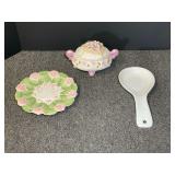 Ceramic lidded trinket jar with floral motif, lovely ceramic collector plate with floral motif, and ceramic spoon rest. See pictures for details.