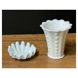 Milk glass vase, and vintage milk glass/art glass trinket dish. See pictures for details.