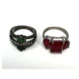 Lot of Two Sterling Silver Rings with Colored Glass Stones