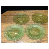 Set of Four Green Molded Glass Plates with Leaf and Floral Patterns