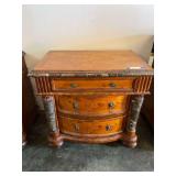 Three drawer night side table with marble accents, Lionhead ring pulls, and bun feet from Canterbury home furnishings. Matches lots 2001, 2002, and 2005. See pictures for details.