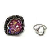 Lot of Two Sterling Silver Rings Including Pink Druzy Cluster Ring and Empty Setting Ring