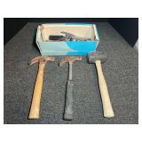 Assorted Hand Tools and Box Including Hammers, Pliers, and Wrenches