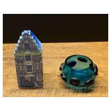 Lot of Two Decorative Items Including Delft Style Ceramic Canal House Coin Bank and Teal Glass Art Vase