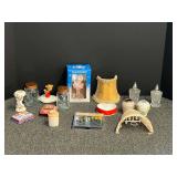 Home decor assortment includes vintage salt and pepper shakers, trinket boxes, ornament, and more. Tub is not included, see pictures or details.