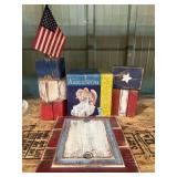 Assorted home decor to include wooden patriotic decor, musical Angel sculpture, and more. See pictures for details.