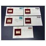 Lot of 5 First Day of Issue Stamped Envelopes with Gold Stamp Replicas Featuring Classic Cars and More