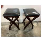Wooden counter-height bar stools with an X-base design and a black faux-leather cushioned square seat, set of two, see pictures for details.