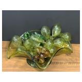 Vintage green art glass centerpiece bowl filled with decorative glass grapes and fruit. See pictures for details.