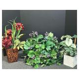 Faux floral and plant arrangements in decorative planters, set of three, see pictures for details.