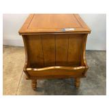 Vintage wooden end table with an integrated lower magazine rack and classic turned legs. See pictures for details.
