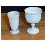 Vintage footed milk glass cup with grape and leaf motif, also includes a pedestal milk glass compote, believed to be vintage Indiana glass, see pictures for details.