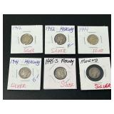 Lot of Six Mercury Silver Dimes Including 1942 1944 and 1945-S in Holders