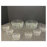 Salad sets, has two serving bowls and six salad bowls. Believed to be Vintage Arcoroc Starburst Diamond Pattern, see pictures for details.